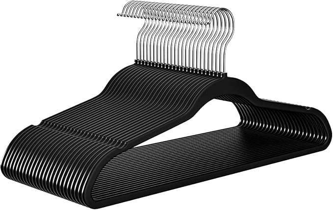 Hangers 50 Pack - Non-Velvet Black Plastic Hangers for Clothes -Heavy Duty Slim Coat Hanger -Space-Saving Closet Hangers with Chrome Hook,Non-Flocked Hangers for Dresses Coats Shirts Jackets
