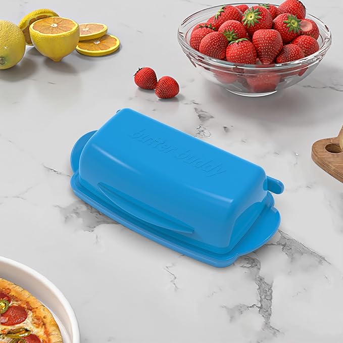 Butter Dishes with Lid for Countertop Refrigerator, Plastic Butter Dish Clear Flip Top Lid Butter Container with Spreader, Non-Slip Bottom Butter Holder Keeper (Blue)