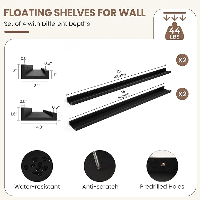 Fun Memories Picture Ledge Shelf, Black Floating Shelves Set of 4, 48 Inch Picture Shelves for Wall with Ledge, Large Nursery Book Shelf for Toys Storage, Living Room, Bedroom Decor Frames