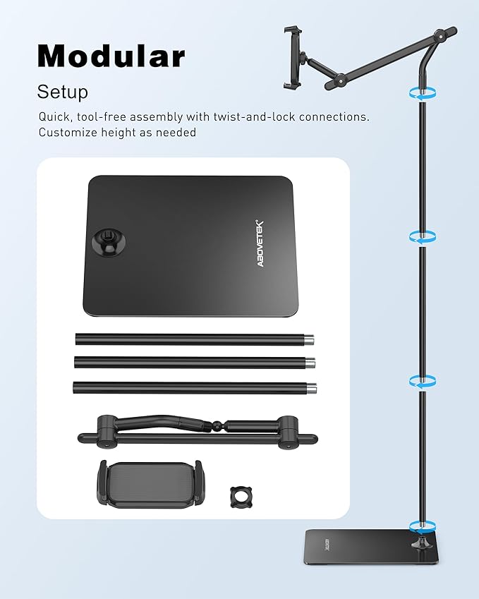 AboveTEK Tablet Floor Stand,Stylish Adjustable Height iPad Floor Stand with Stable Base,Aluminum 360° Rotation Holder for Sofa Bed,Fits 4.7-13.5"iPad Pro 12.9/Air/Mini,Galaxy Tab,iPhone,Kindle(Black)