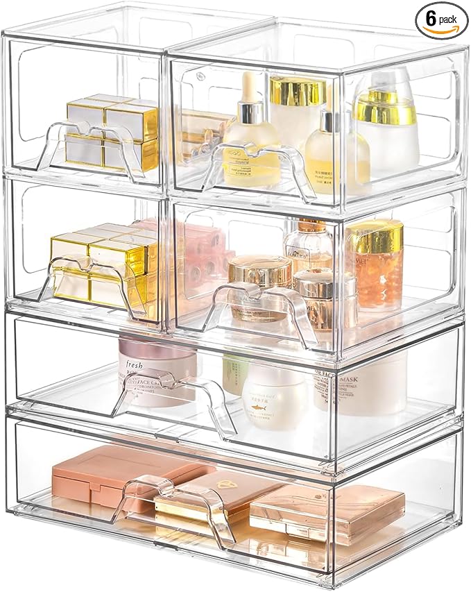 Stackable Makeup Organizer Storage Drawers Set of 6, Clear Plastic Organizer Bins for Beauty Supplies,Ideal for Vanity, Bathroom,Cabinet,Pantry Organization (2Long 4 Short)