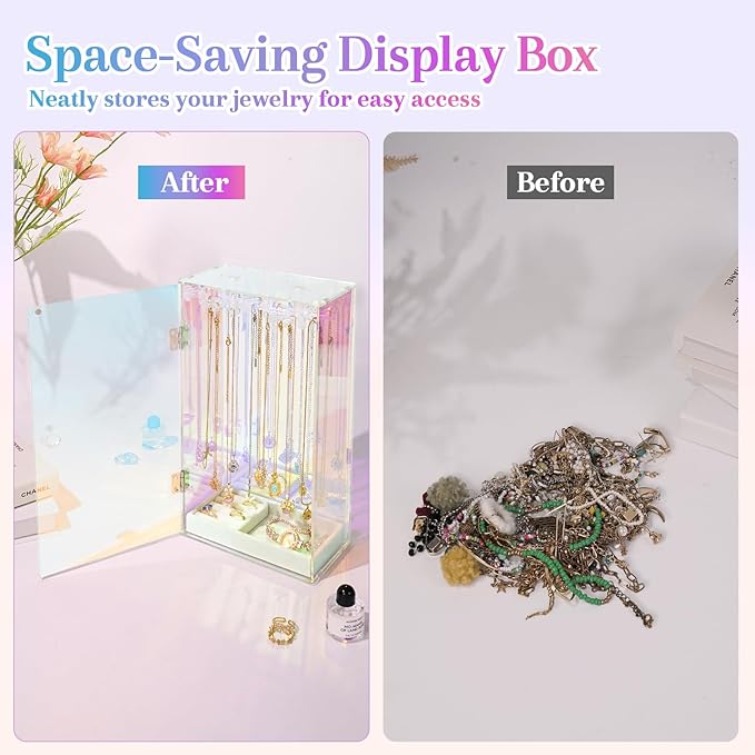 Cirhy Iridescent Necklace Holder Organizer for Women & Girls, Rotating Acrylic Jewelry Display Stand with Velvet Tray, Dustproof Necklace Organizer Box, Great Gift for Her