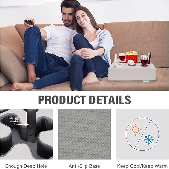 Couch Cup Holder Pillow-Sofa Cup Holder for Bed, Rv, Tv, Car, Man Cave, Backseat | Remote, Drinks, Snacks Tray Organizer Caddy Cupholder (Square-PU Grey)