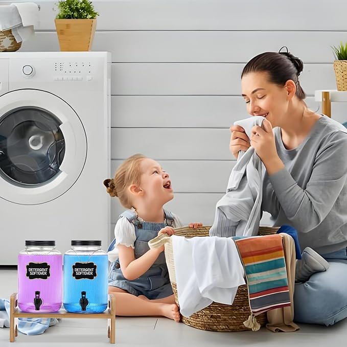 2-Pack Laundry Detergent Dispenser with Bamboo Stand，1 Gallon Laundry Soap Dispenser with Measuring Cup，Glass Laundry Detergent Containr for Laundry Room Organization and Storage