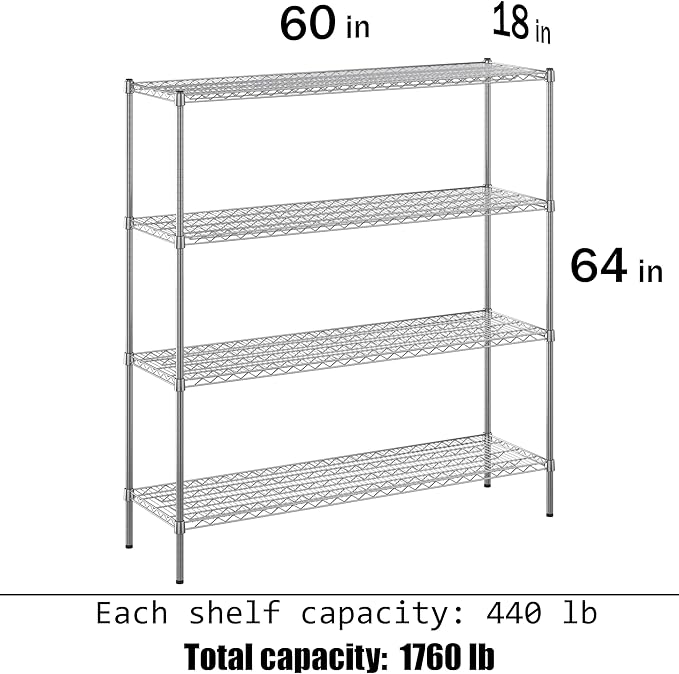 18" Deep x 60" Wide x 64" Height Wire Shelving Kit | 4-Tier | NSF Commercial Storage Rack Unit