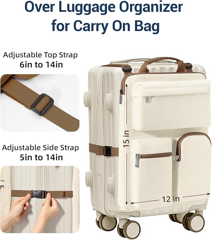 Over Luggage Organizer Bag for Suitcase with Multi Pockets, 16”Laptop Bag with Handle, Portable Travel Organizer Bags for Luggage with Adjustable Strap, Tote Carry Bag for Men Women(Beige)
