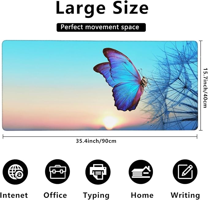 Gaming Mouse Mat Morpho Butterfly and Dandelion Large Mouse Pad Extended Mouse Pad Desk Mat Non-Slip Rubber Base Mice Pad Desk Pad for Office Game Home 35.4x15.75 in