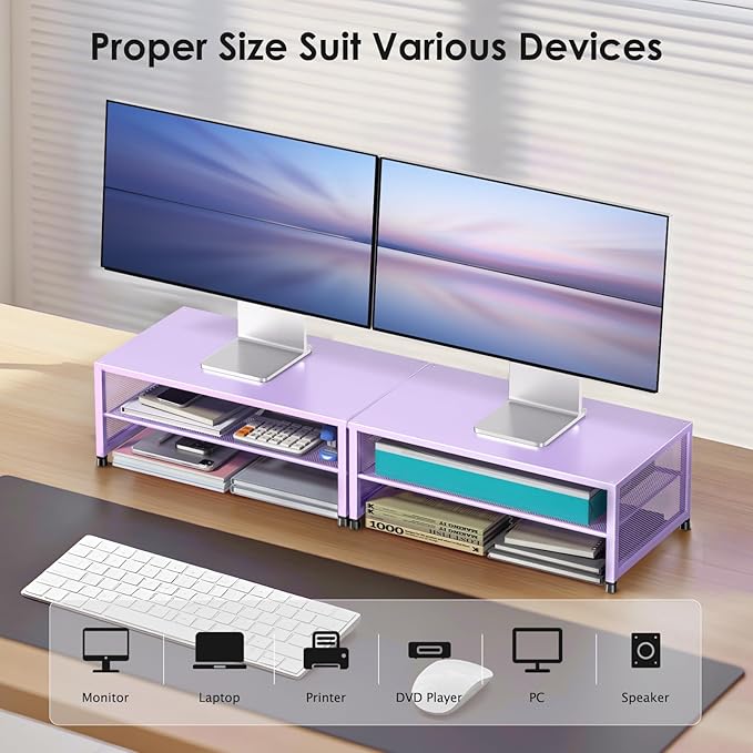 Desk Organizers and Accessories, 2-Tier Metal Computer Monitor Stand Riser, Desk Organizer for Monitor, Printer & Laptop Stand, Desktop Workspace Organizers for Office Supplies(Purple)