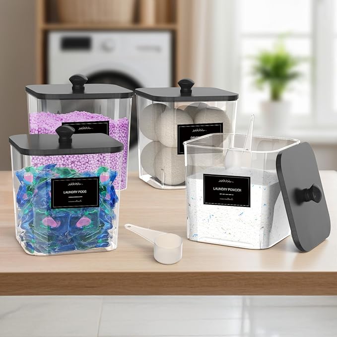 4 Pack Clear Laundry Pods Container, Plastic Square Laundry Room Organization and Storage Jars with Black Lids, Scoops & Labels for Detergent, Powder, Dryer Balls