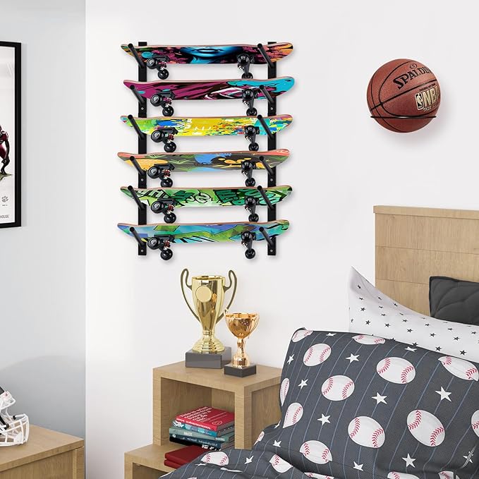 BiJun Skateboard Wall Mount, Snowboard Wall Mount Display, Horizontal Ski Wall Rack, Skateboard Rack Storage Holder Longboard Hanger