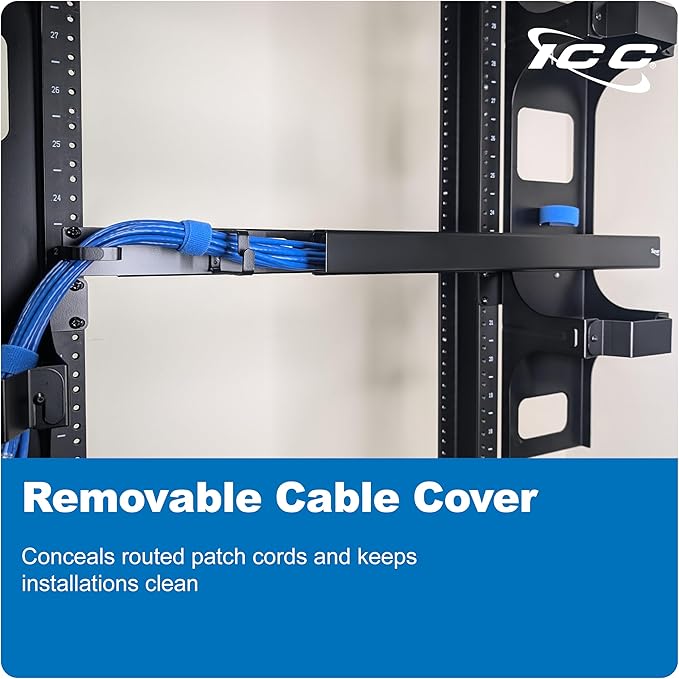 ICC 1U Ring Cable Manager Panel with Cover, Metal, 3" D-Rings, Horizontal and Vertical Cable Management, Rackmount for 19” Network Racks, Black, Single Pack