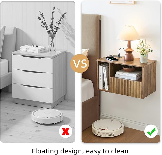 Modern Rustic Brown Fluted Floating Nightstand with Charging Station, NightStand with Drawers, Bedside with USB Ports and Outlets, Bedroom Furniture (Left)
