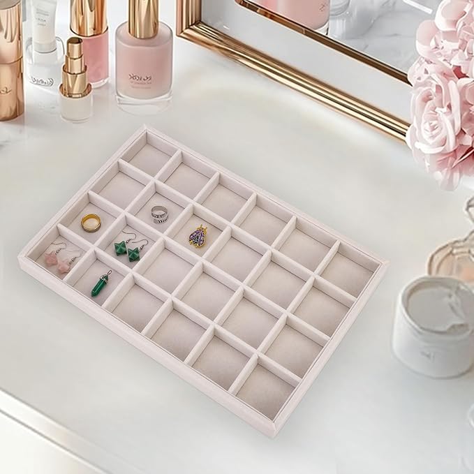 Mornajina 24 Grids Velvet Jewelry Tray Jewelry Display Tray, Stackable Empty Plate Trays for Earrings Necklaces Bracelet Rings Display Showcase - Beige