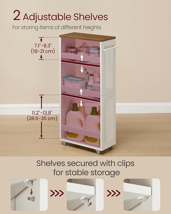 VASAGLE 4-Tier Slide-Out Storage Cart, Slim Kitchen Cart for Small Spaces, with Wheels, Handle, Bathroom, Laundry Room, 7.9 x 17 x 34.1 Inches, Rustic White and Honey Brown ULRC051K01