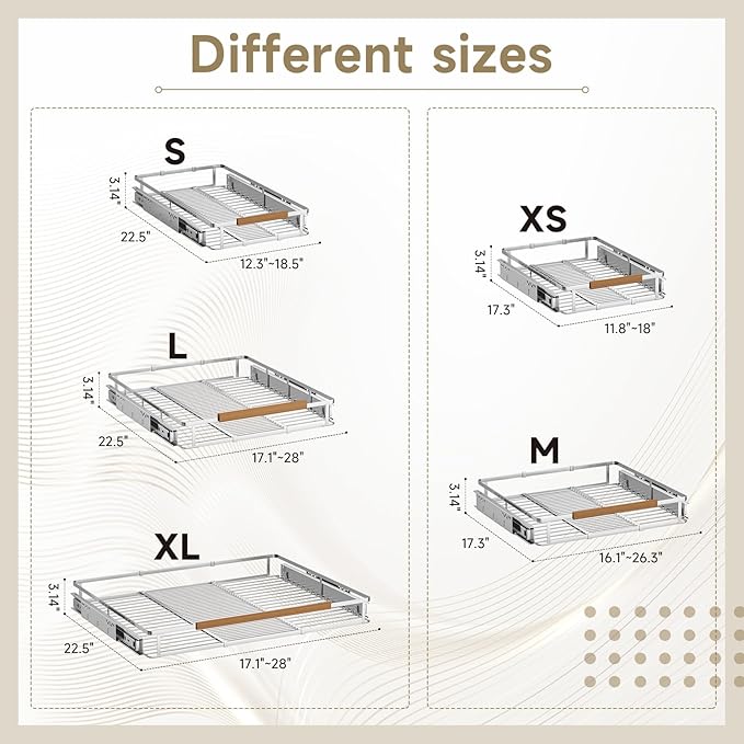 1 Pack Expandable Pull Out Cabinet Organizer，Side Mounting 16.3~26.3"x17.3"Cabinet Pull Out Shelves, Expandable Slide Out Spice Rack for Kitchen Bathroom Office