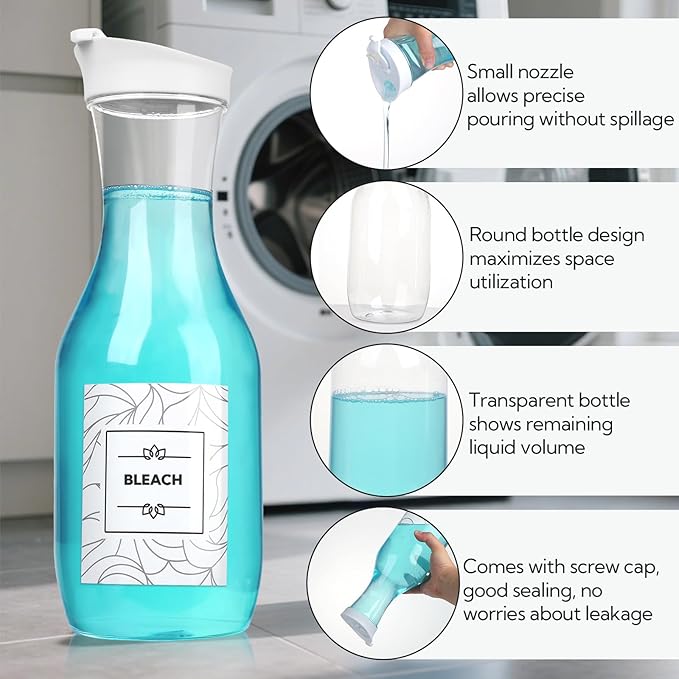 4 Pack Laundry Bottles 53oz Plastic Liquid Detergent Dispenser with 20 Label Laundry Room Organization for Liquid Powder Bleach Scent Booster Beads Soap Fabric Softener