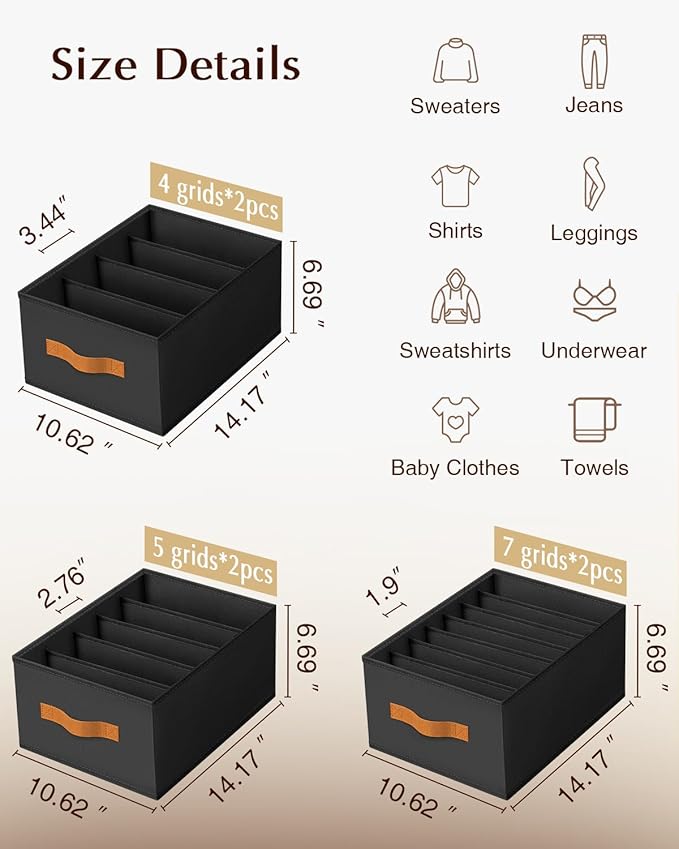 Clothes Organizers and Storage - 4/5/7 Grids Fabric Jeans Organizer with Handles, Foldable Closet Organizers Dividers, Wardrobe organizer for Pant, Sweater, T-shirt, Scarf, 6 Pack, Black
