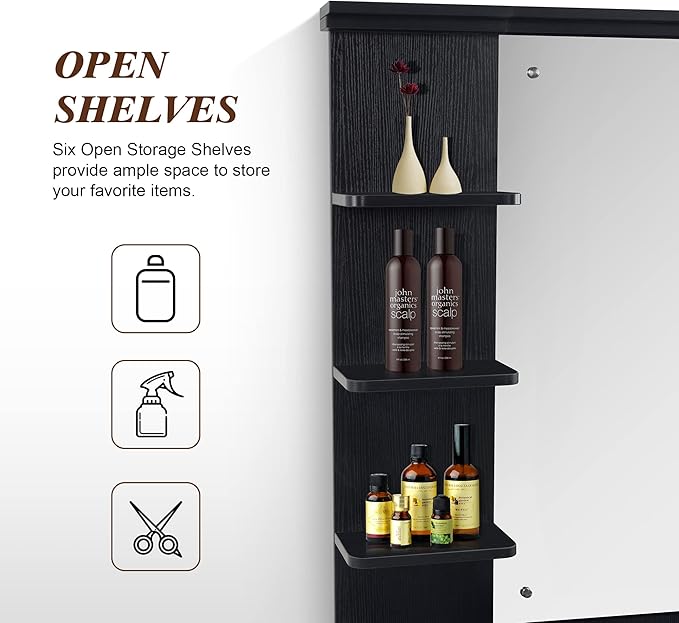 BarberPub Wall Mount Storage Station with Mirror Shampoo Bowl High-end Styling Beauty Salon Furniture Set 3145 (Black)