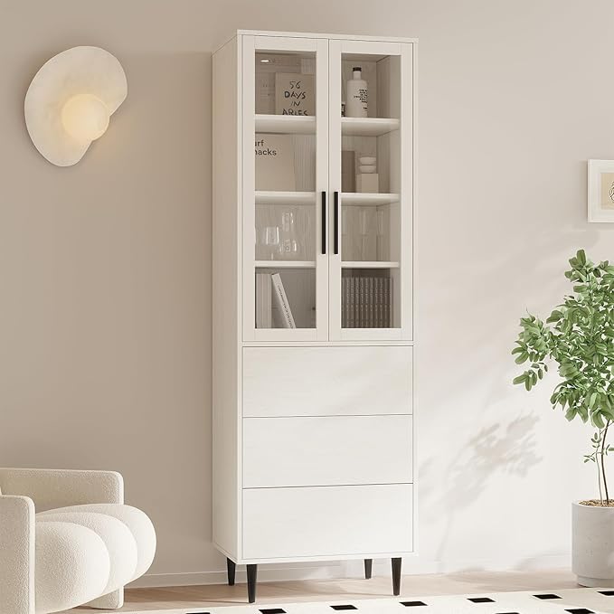 TUSY 70.9“ H Book Shelf with Drawers, 7-Tier Bookcase with Glass Doors, Display Curio Cabinet, Office Storage Cabinet, Narrow Display Bookcase for Home, Office, Clinic, Pantry (White)