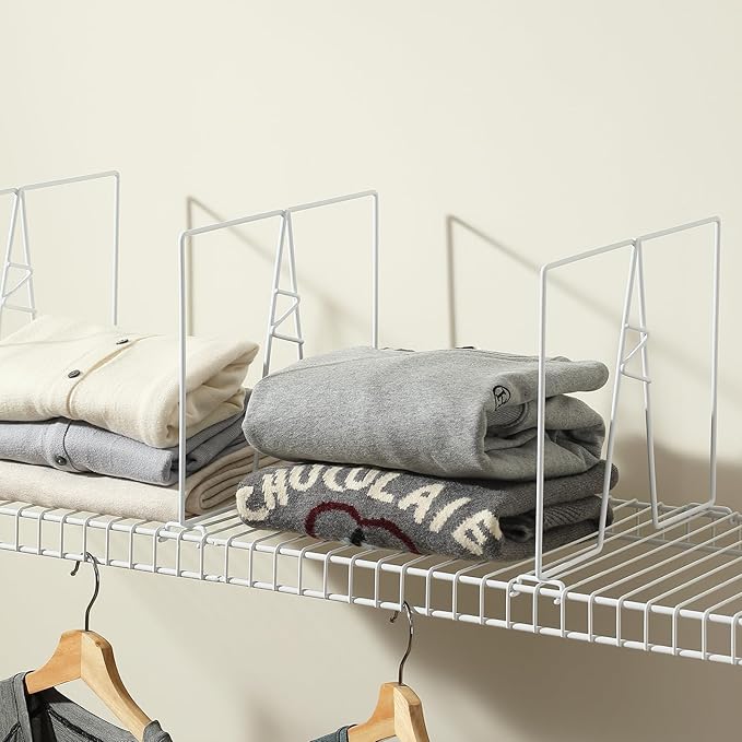 Wire Shelf Dividers - White Closet Organization & Storage Organizer - No Tool Shelf Divider for Wire Shelves - Metal Shelf Accessories – for 12“ Deep Wire Shelves – Tall 12” Height – 8 Pack