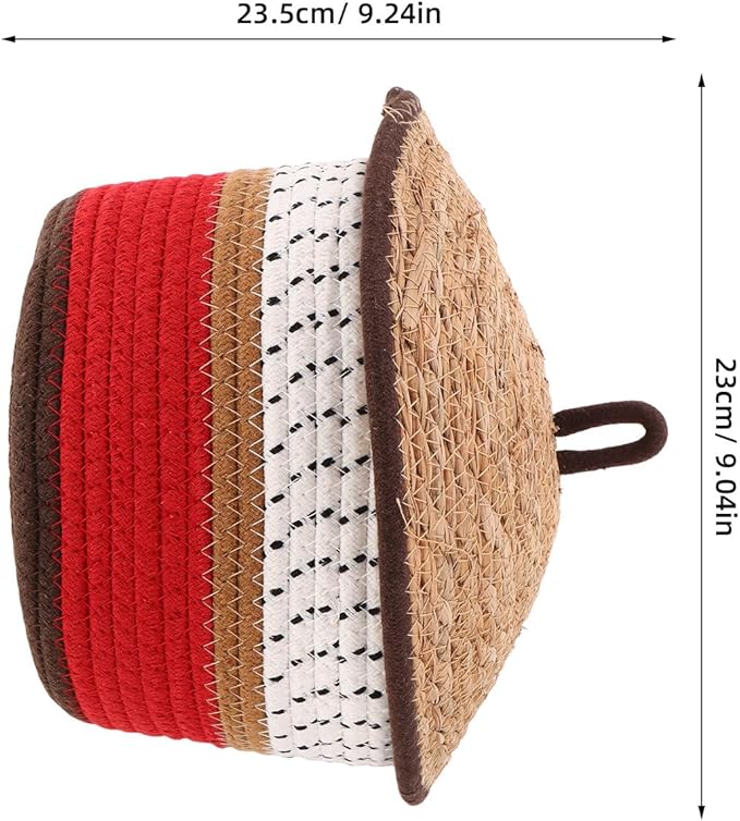 TOYANDONA Rope Woven Storage Basket With Lid - Handwoven Cotton Basket Organizer Bins - Nursery Sundries Container - Cosmetics Box