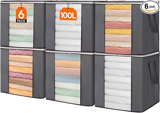 Lifewit 100L Extra Large Blanket Storage Bags, Foldable Comforter Storage with Reinforced Handles, Clothes Storage Containers for King Comforter, Bedding, Pillow, Sheet, Storage Bin with Lids 6 Pack