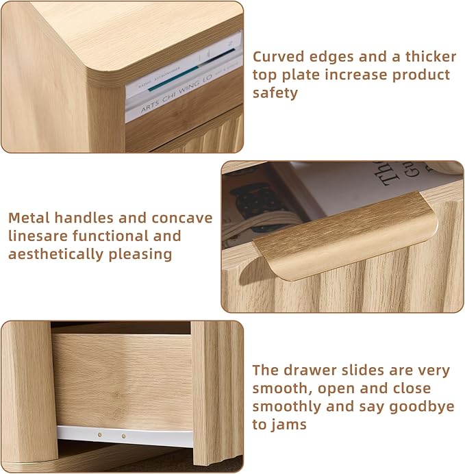 LEYAOYAO 31" Wide Fluted Nightstand with Charging Station, Oversized Extra Large 2 Drawers Night Stand,Natural Wood Bedside Table,Tall Bed Side End Tables,Modern Chest of Drawers Dressers for Bedroom