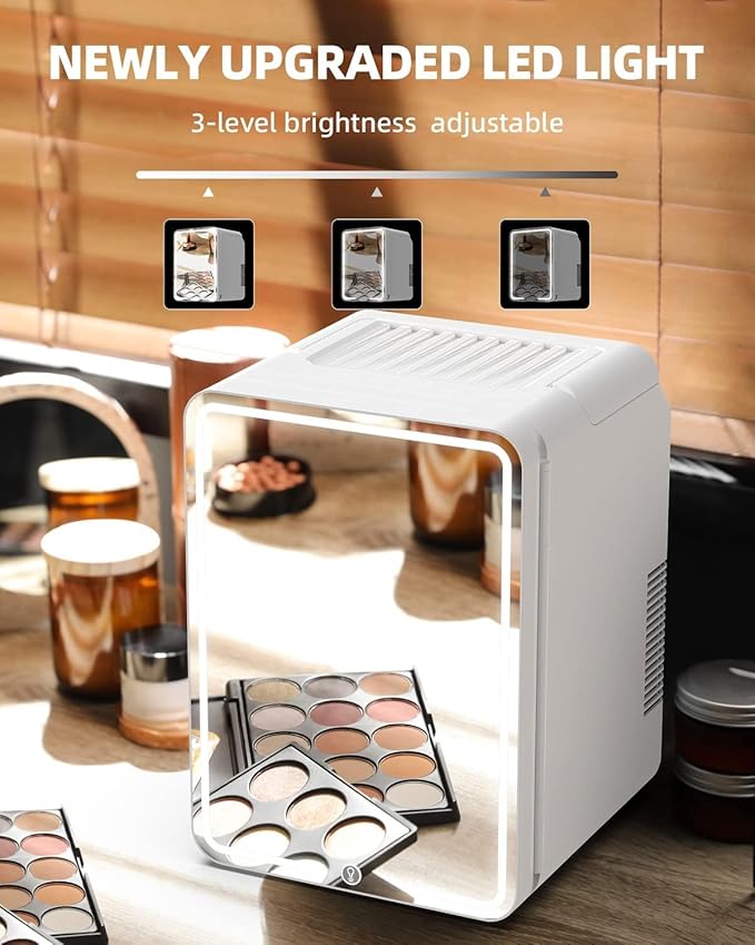 12L Skincare Fridge with Mirror & LED Lighting, 3-Mode Dimmable, Cooler & Warmer for Makeup, Cosmetic, Beauty, Portable Mini Beauty Fridge for Bedroom, Vanity, Car & Home Use