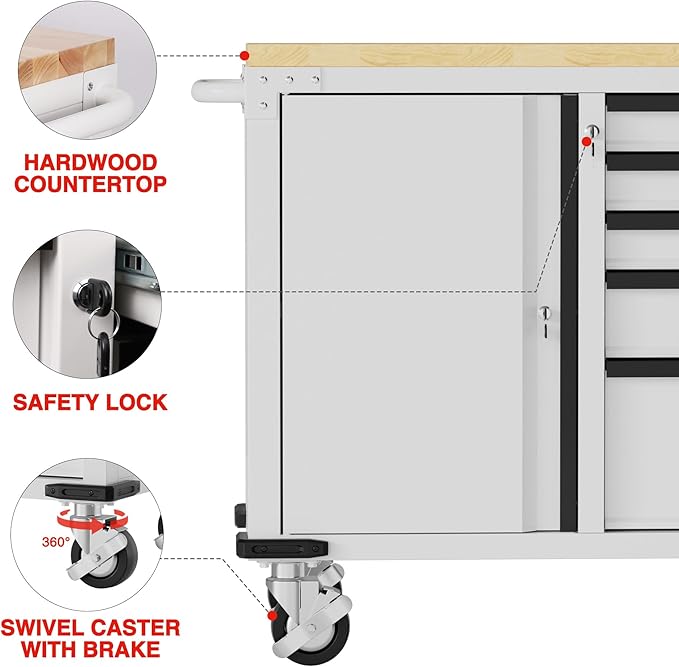 WORKPRO 52" x 20" 5-Drawer & 1-Door Rolling Tool Chest, Heavy Duty Tool Chest with Wheels, Power Strip, Locking System, Rolling Cabinet for Garage, Home & Kitchen, 1000 lbs Capacity