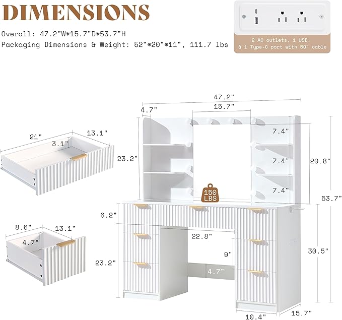 AMERLIFE 47.2" Fluted Vanity Desk with Mirror and Adjustable LED Lights, Large 7 Drawers Makeup Table with Glass Top and Charging Station for Women and Girls, Bedroom or Dorm, White