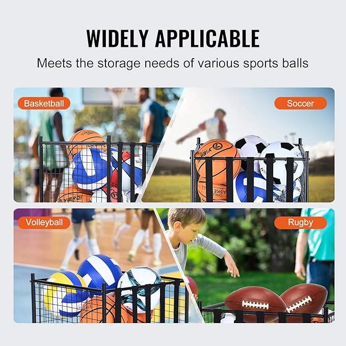 VEVOR Rolling Sports Ball Storage Cart, Lockable Basketball Cage with Double Lids, Sport Equipment Holder Organizer for Indoor Outdoor, Steel Storage Rack for Garages, Playgroup, Gym and Schools