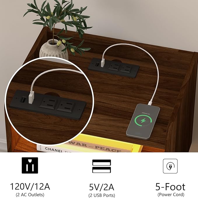 Floating Nightstand with Charging Station and LED Lights (Walnut Brown)