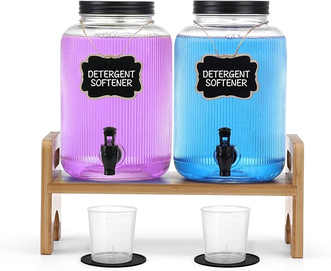 2-Pack Laundry Detergent Dispenser with Bamboo Stand，1 Gallon Laundry Soap Dispenser with Measuring Cup，Glass Laundry Detergent Containr for Laundry Room Organization and Storage