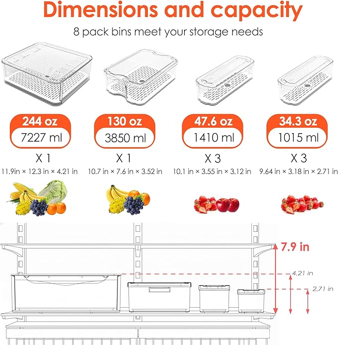 Fridge Organizers and Storage, 8 Pack Clear Freezer Organizer Bins with Lids for Kitchen, Pantry, Refrigerator, Food, Fruit, Vegetable Storage (8 Bins Include A Pull-out Drawer)