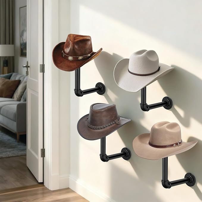 4PCS Cowboy Hat Rack Wall Mount, Wooden Western Rustic Metal Hanger, Wall Mounted Helmet Hanger for Multifunctional Display Hanger Stand for Cap Wig Hats, Fedora, Sun Hats