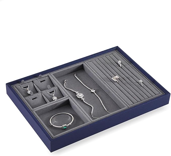 Dark Blue Jewelry Display Tray Ring Necklace Earring Bangle Organizer Multifunctional Storage Case for Jewelry Showcase (Small Empty Tray)