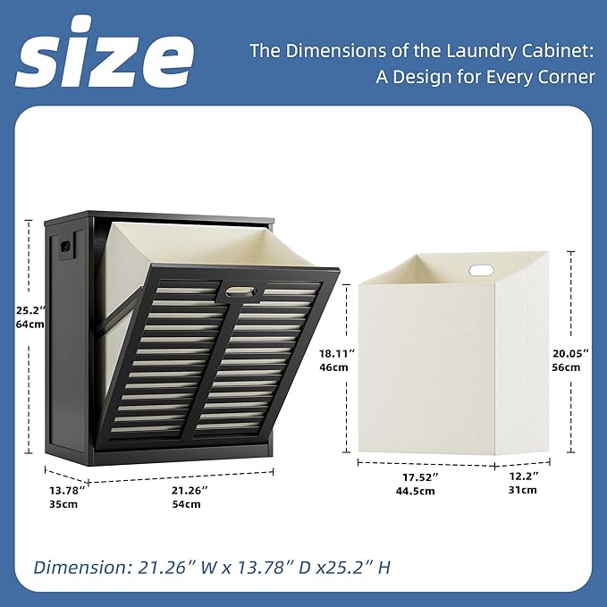 HITNET Tilt Out Laundry Hamper, Bamboo Laundry Cabinet with Pull Out Removable Bag, 16 Gallon Clothes Basket with Metal Handle for Bathroom Kitchen, Black