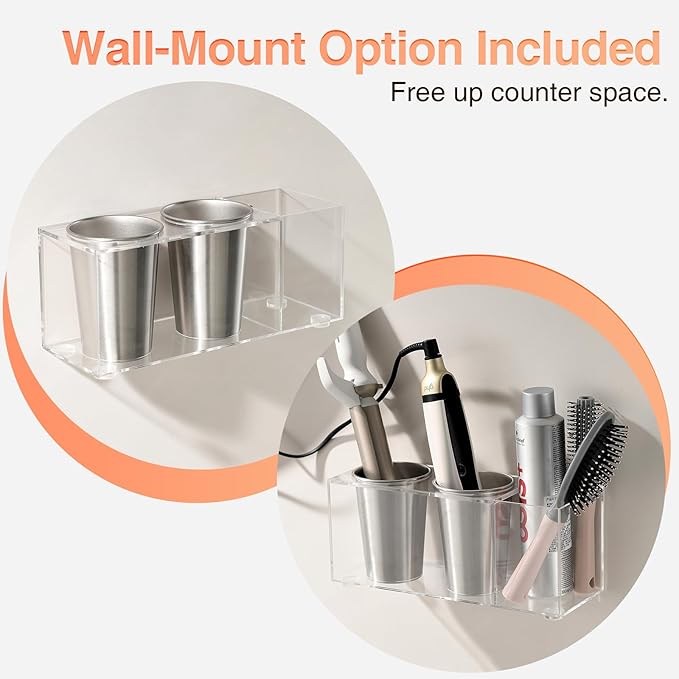 Acrylic Hair Tool Organizer, Curling Iron Holder Countertop, Hair Dryer Organizer Under Sink Wall Mount, Hot Tools Holder for Vanity Bathroom, Clear