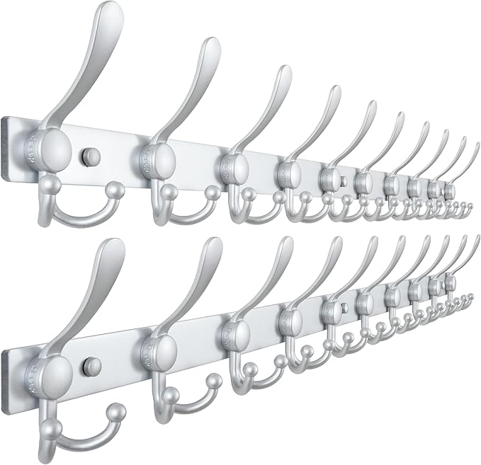 Dseap MaxStrong 2.0 Coat Rack Wall - 37” Long 10 Tri Hooks - Ultra Heavy-Duty Stainless Steel Wall Mount Coat Hanger, Hook Rail for Clothes Hats Jacket Towels Silver, Pack of 2
