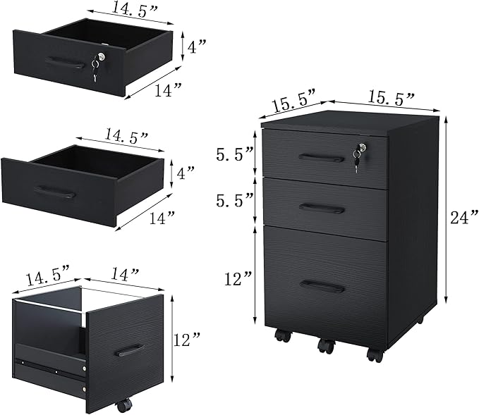 File Cabinet with Lock,3 Drawer Wood Rolling Filing Cabinets Under Desk for Home Office, Office Storage Cabinet fits Letter/A4 Size,Mobile Filing Cabinet Printer Stand,Black