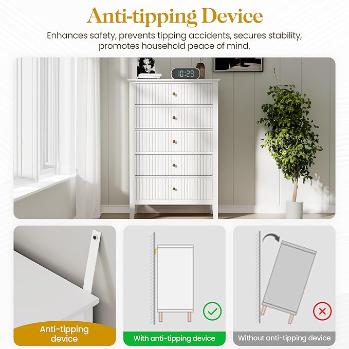 RoyalCraft White Fluted 5 Drawer Dresser for Bedroom, Tall Chest of Drawers, Waterproof Lacquered Desktop,Modern Wood Storage Cabinet for Living Room