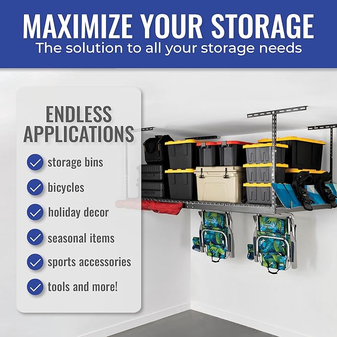 SafeRacks 4x8 Overhead Garage Storage Rack Heavy Duty - Hammertone (24"-45") - Holds 600 lb