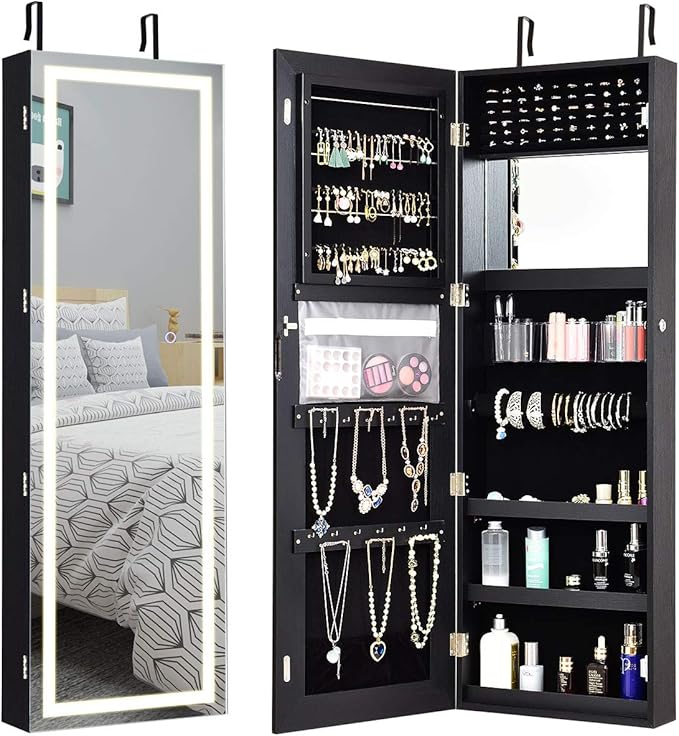 Giantex Jewelry Cabinet Armoire Door Wall Mount, 47.2in Lockable Touch Screen Lighted Full Length Mirror, 3 Lighting Settings, Inside Makeup Mirror, Jewelry Storage Box Organizer (Black)