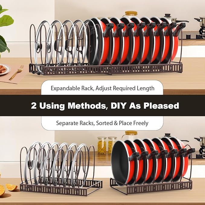Housolution Pot and Pan Organizer Rack for Cabinet, Expandable Pot Lid Organizer with 14 Adjustable Dividers, Pan Holder Storage Rack for Kitchen Cabinet, Bronze
