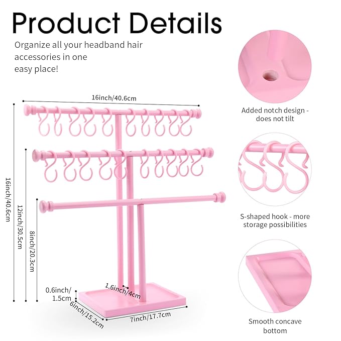 POVETIRE Headband Holder Stand Storage for Baby, 3 Tier Wooden Bow Organizer for Girls Hair Bows, Infant Hair Accessories Rack Display for Nursery Decor