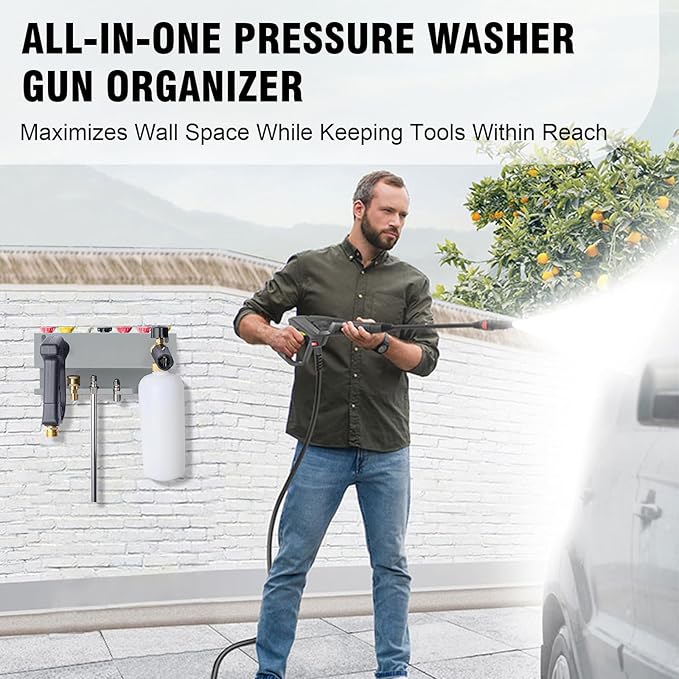 Wall Mounted Pressure Washer Gun & Foam Cannon Holder, Car Wash Accessories Storage Rack for Wand Extension and Nozzle Tips, Fits 1/4" Quick Connect, Gray