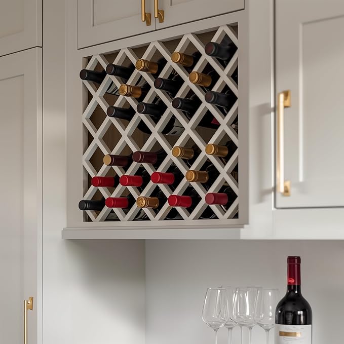Solid Wood RTA Wine Bottle Rack Wall Cabinet with Lattice Panels - Bottle Holder Storage for Bar, Pantry, or Wine Cellar - Mocha finish Countertop Solution (Origami White, 24”W × 12”D × 30”H)