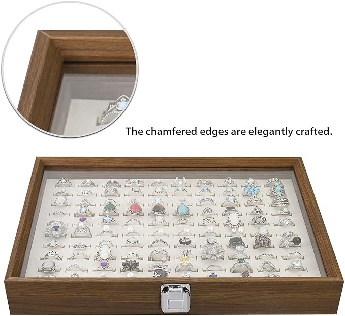 MOOCA 100 Ring Box Jewelry Display Tray, Display Case Accessories Storage Box with Tempered Glass Hinge Lid, Beige Lined Jewelry Tray for Rings, Walnut Color, 14.1W x 10.2D x 2.1H in