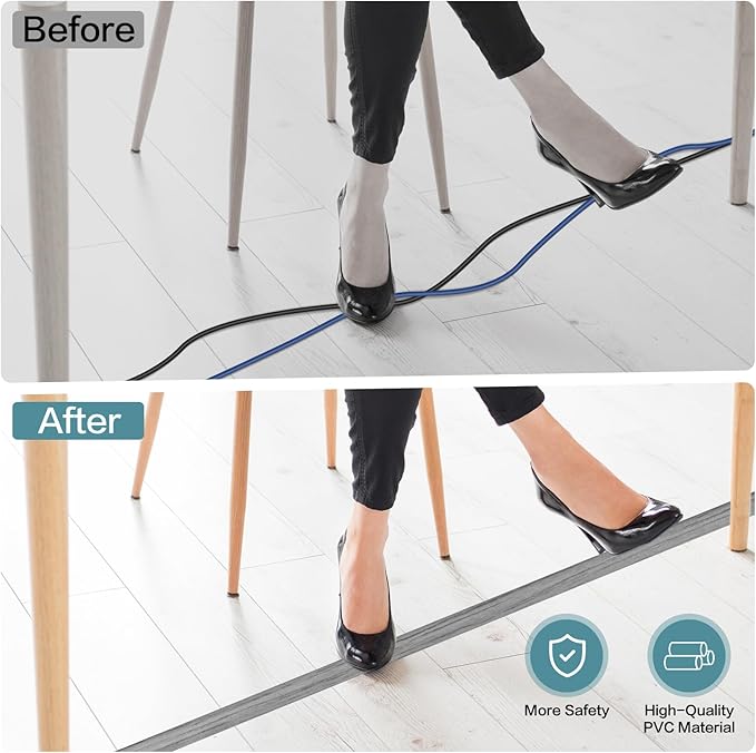 Floor Cord Cover Self Adhesive Cord Hider Floor Extension Cord Covers for Floor Power Cord Protector Cable Management Prevent Cable Trips Cable Cavity 0.47" W x 0.27" H (Light Grey Wood, 3.3Ft)