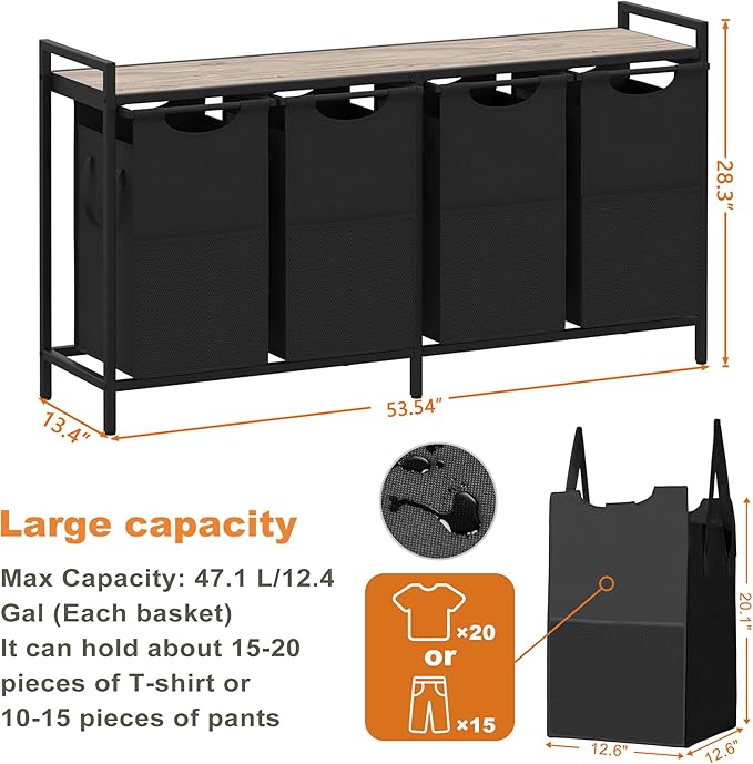 Heybly Laundry Hampers, 4 x 12.5 Gal Laundry Basket with Large Desktop Sorter for Laundry Room organization, Bathroom and Dorm Laundry Bags on Storage Shelf, Greige HLH004SG